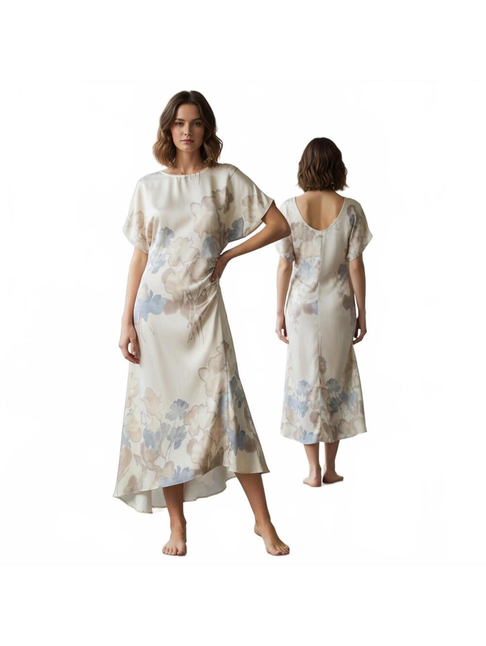Luxely Cream and Gray Asymmetrical High-Low Sundress with Dolman Sleeves